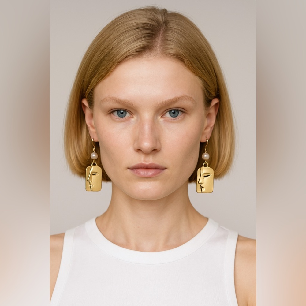 Gold Geo Face Pearl Drop Earrings